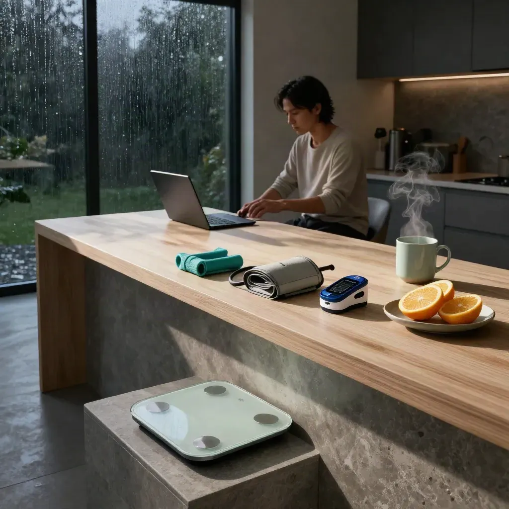 Moody wellness station with scale, cuff, oximeter, bands, citrus, tablet and steam in morning light