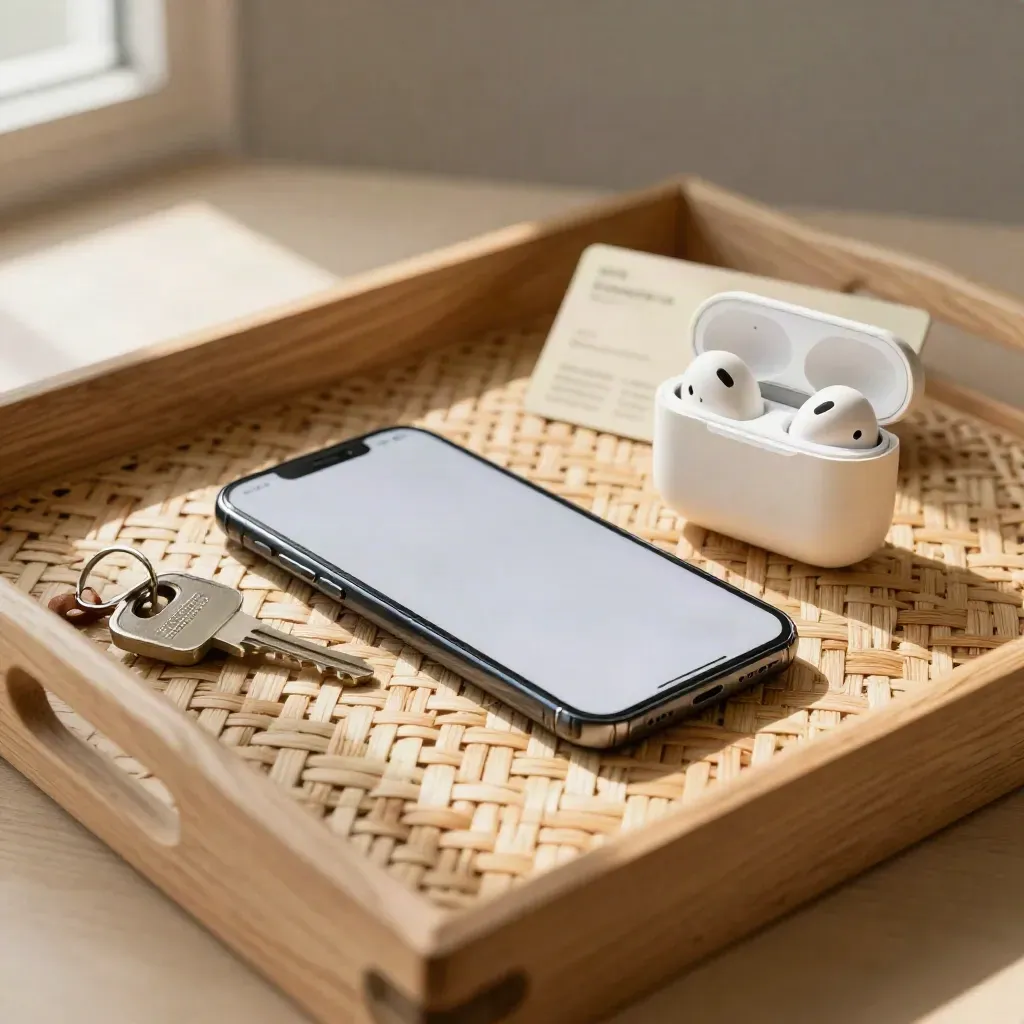 Smartphone in a woven tray with earbuds and a house key on pale wood, lit softly from the side.