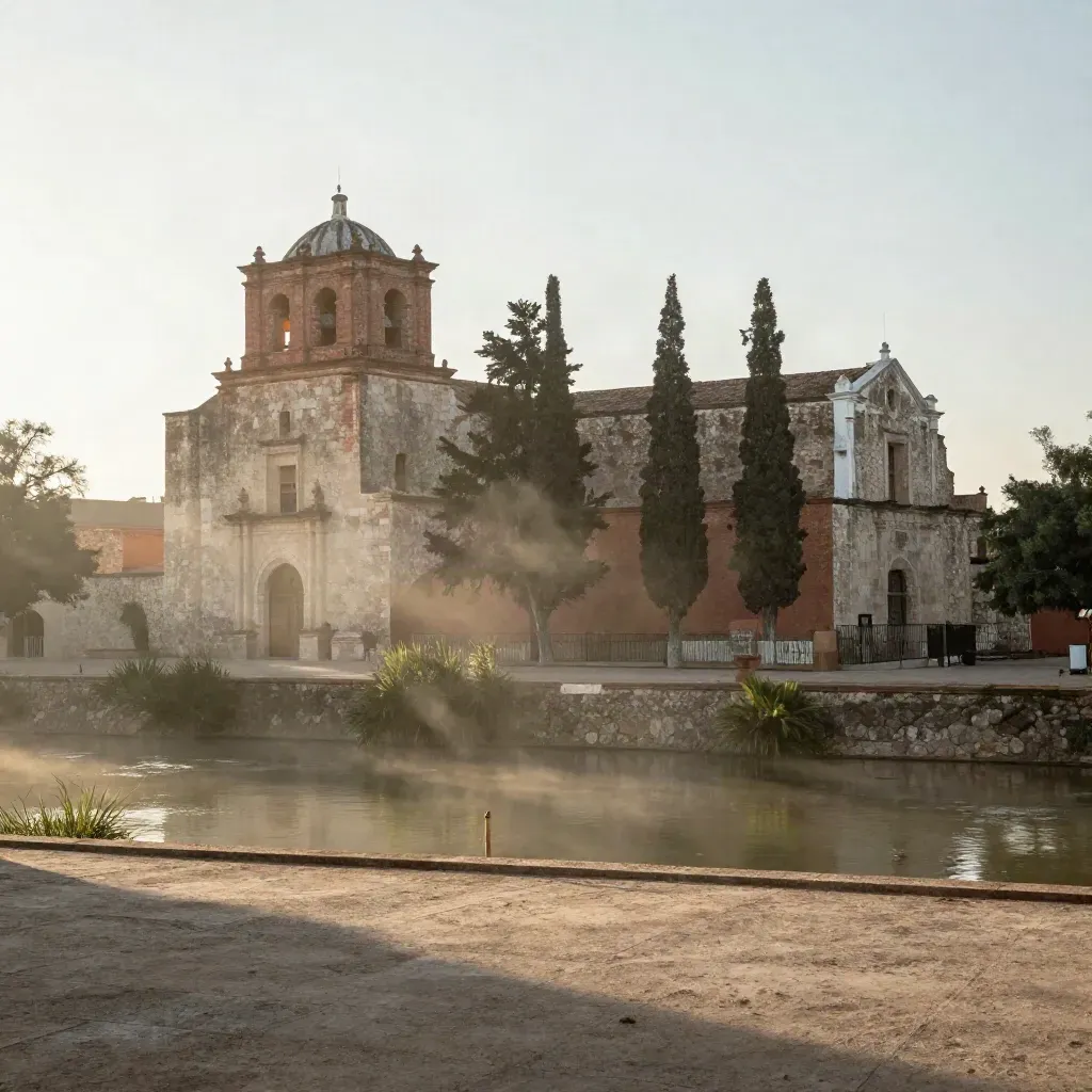 San Antonio mission stone and cypress at dawn above a calm misty river