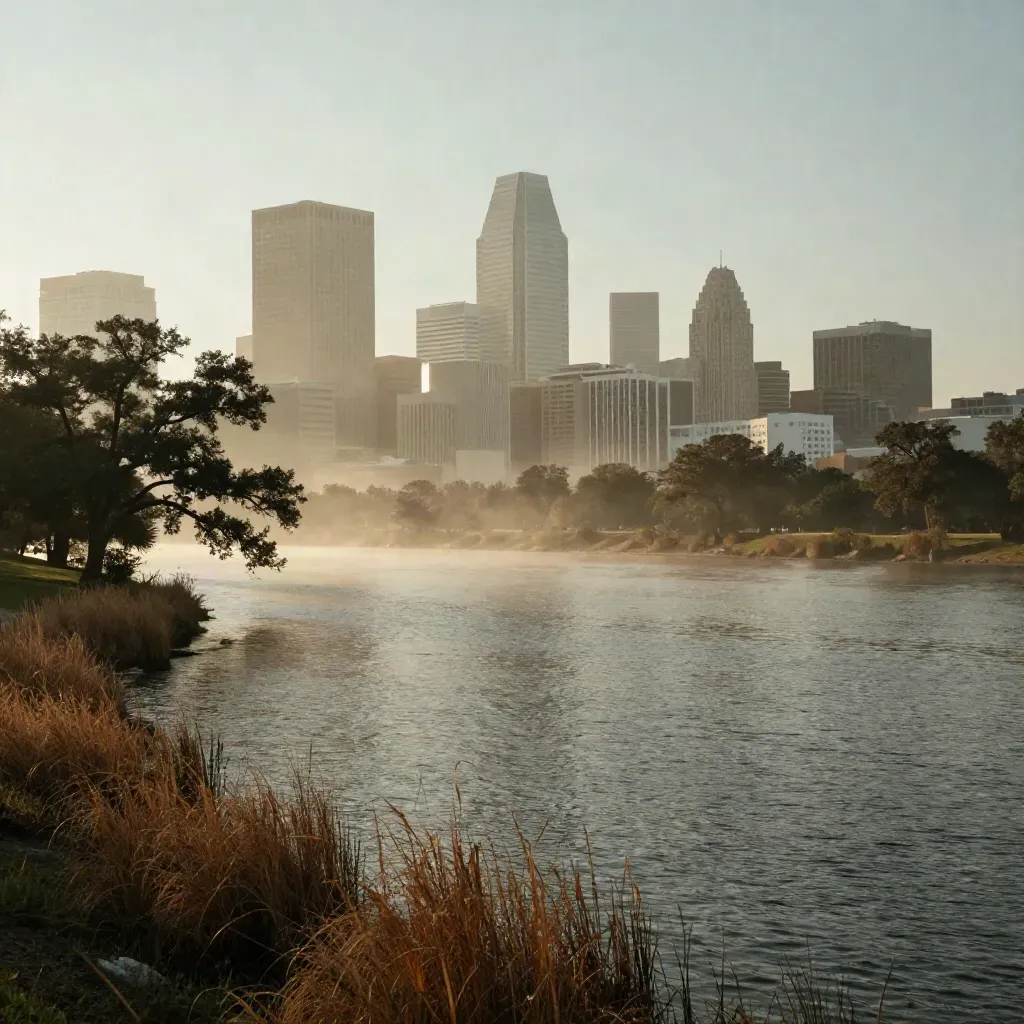 Houston skyline rising through dawn haze beyond Buffalo Bayou and live oaks