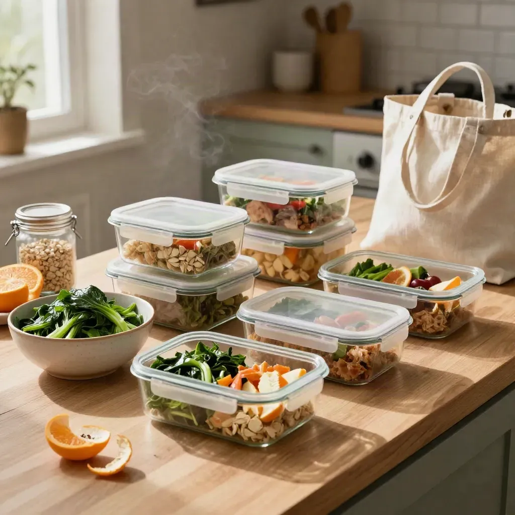 Meal-prep containers, greens, citrus, oats jars and linen tote on a pale oak counter
