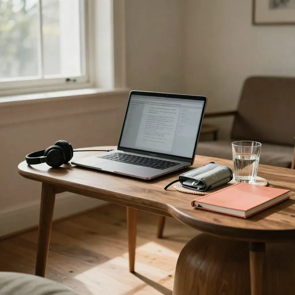 Telehealth nook with laptop, headset, cuff, notebook, and water in a sunlit apartment corner.