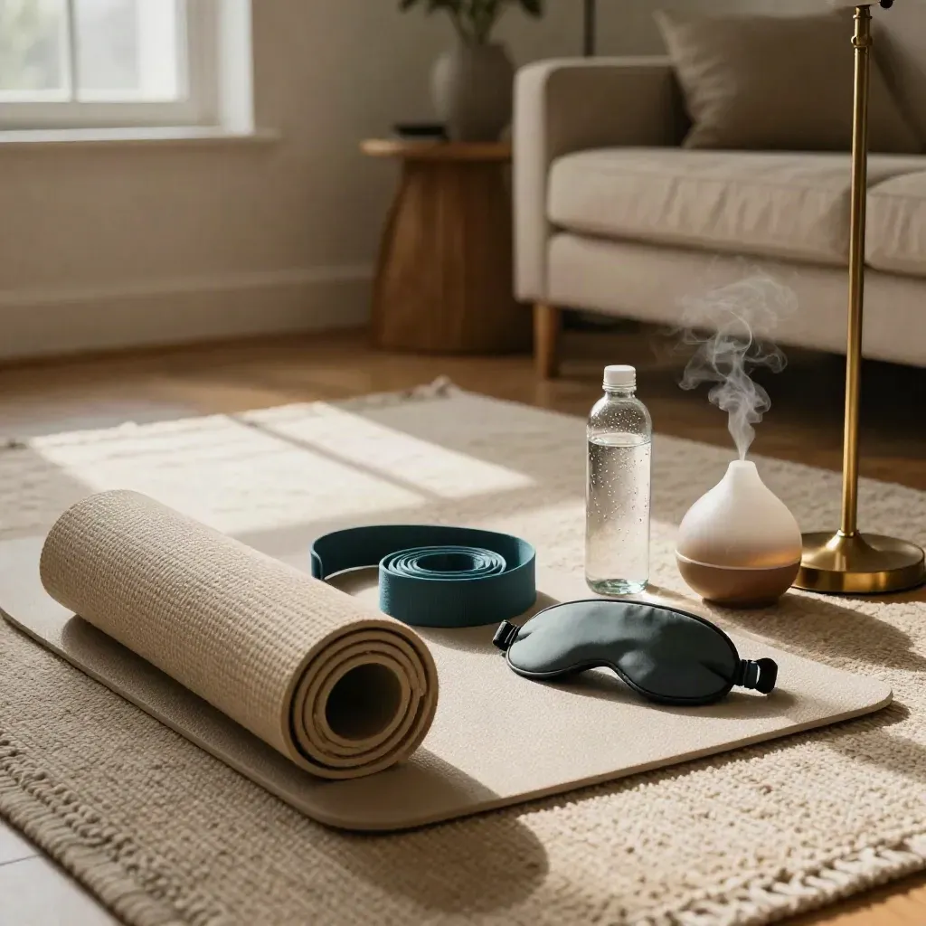 Wellness kit on a wool rug with yoga mat, resistance band, sleep mask, bottle and diffuser.
