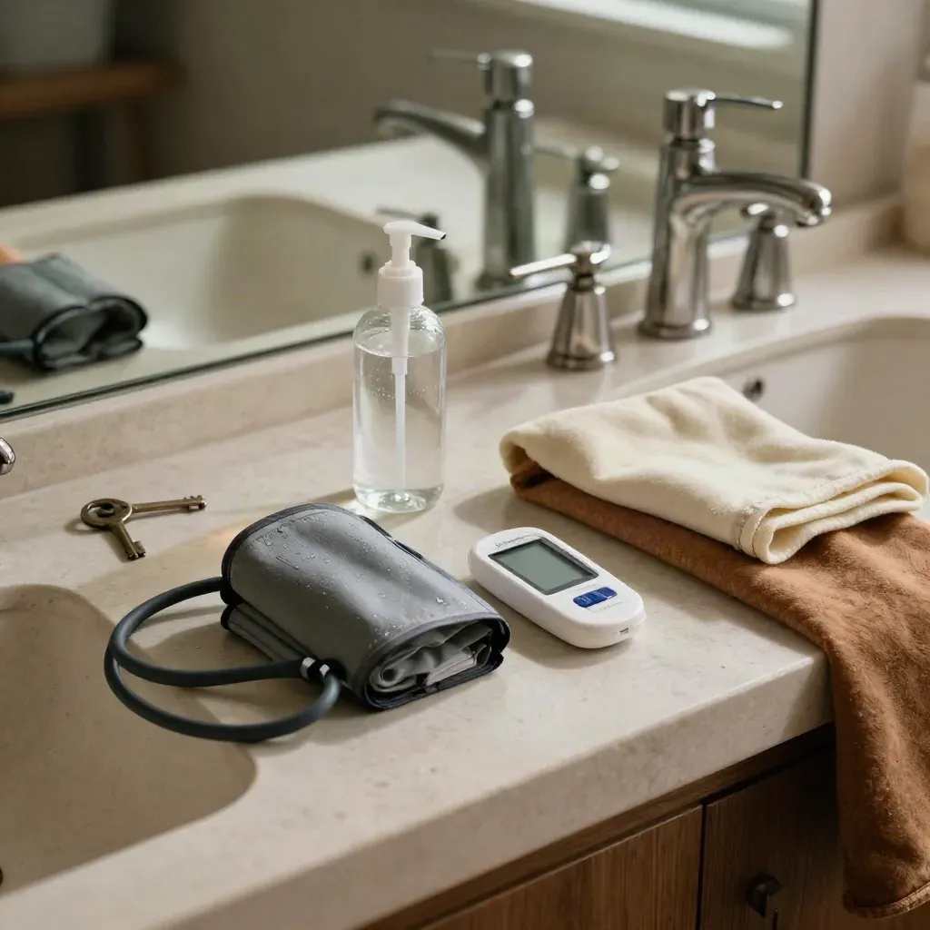 Screening kit on a countertop with cuff, glucose meter, cold pack, blanket and mirror blur.