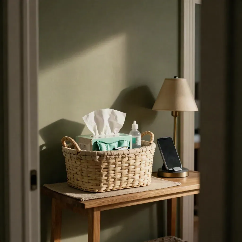Moody entryway care kit with thermometer, tissues, saline, cold pack and lamp glow.