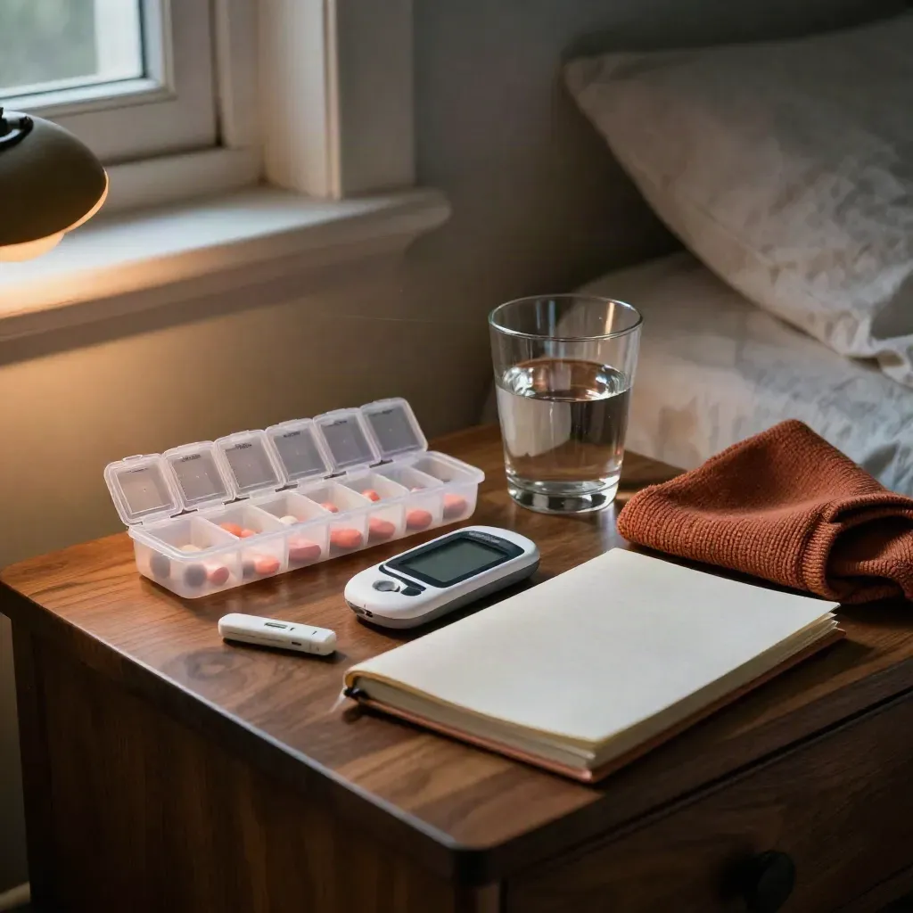 Bedside chronic care setup with pill organizer, glucose meter, journal, lancet case, and water glass.