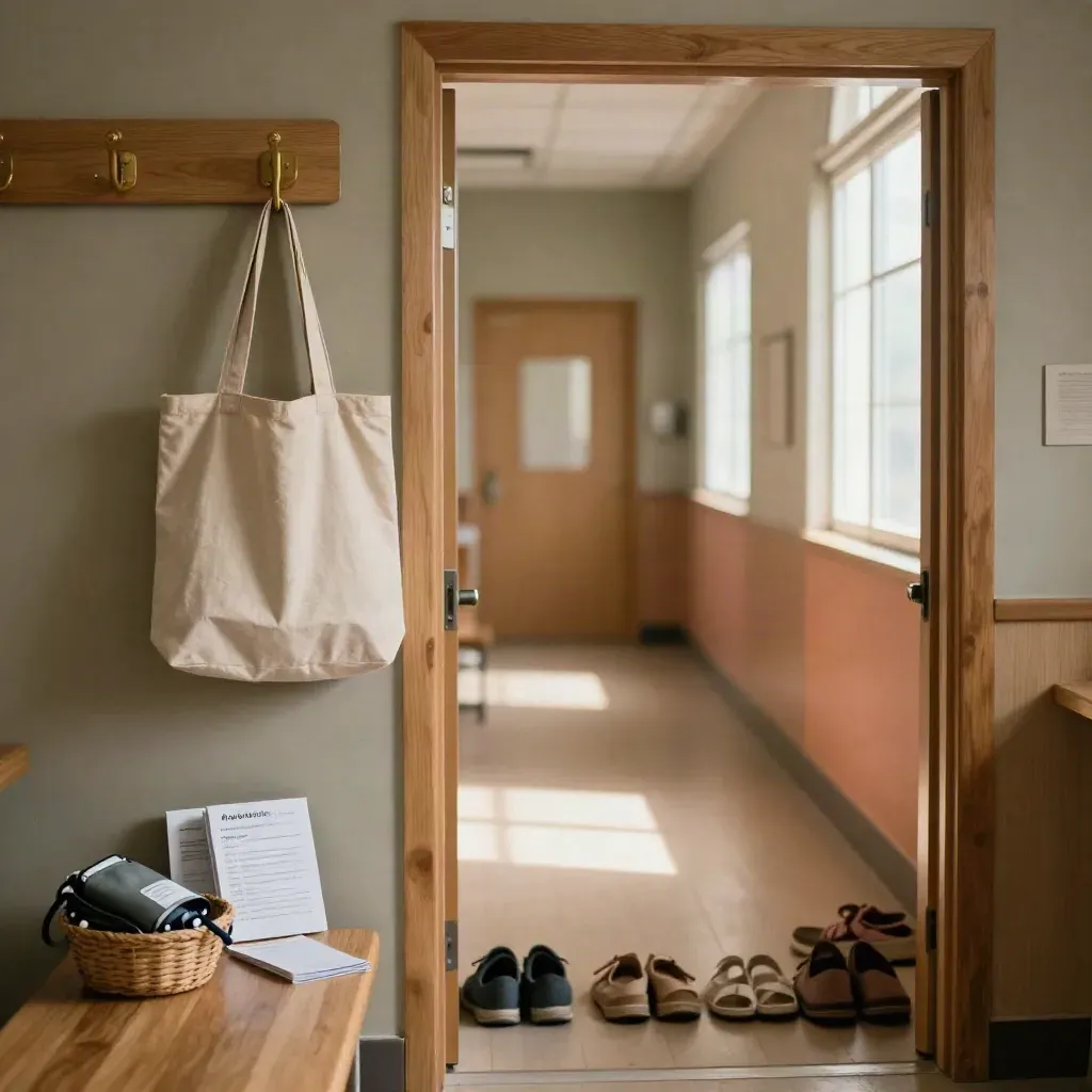 Hallway health station with tote, screening kits, cuff, face-down reminders, and lined-up family shoes.