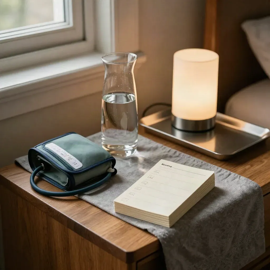 Bedside wellness setup with cuff, pill organizer, water carafe and face-down tracking cards at dawn.