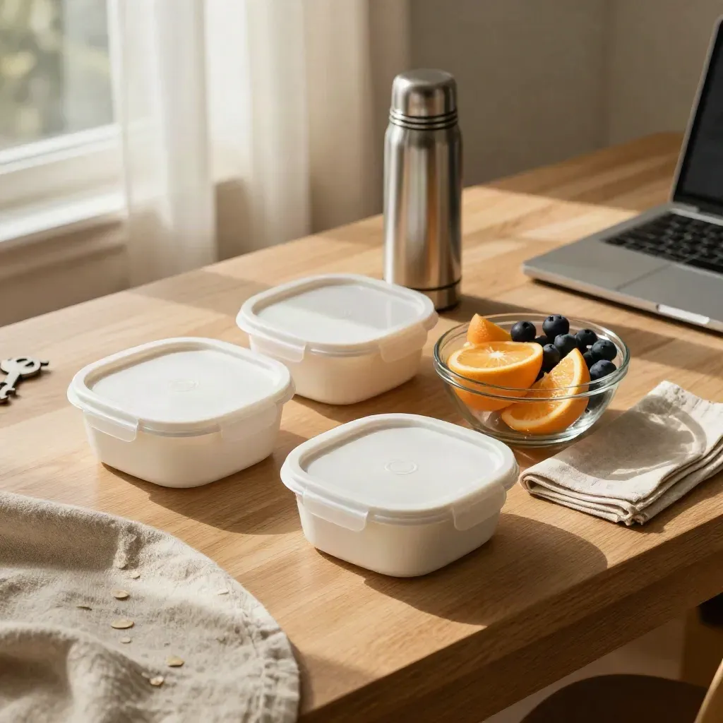 Work-from-home lunch setup with meal containers, fruit, a thermos, and a closed laptop on oak.