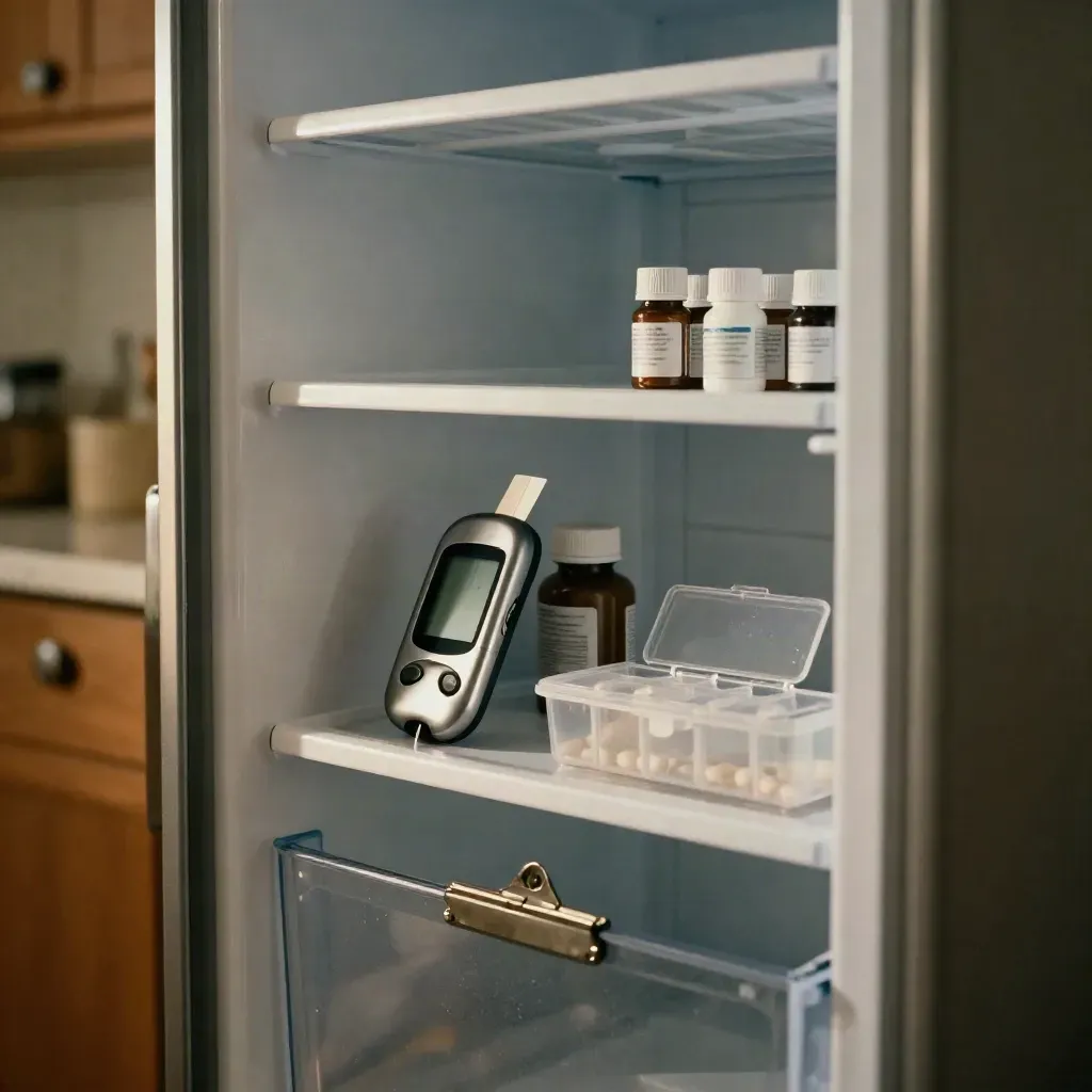 Fridge-side health shelf with glucometer, test strips, pill organizer, and turned medication bottles