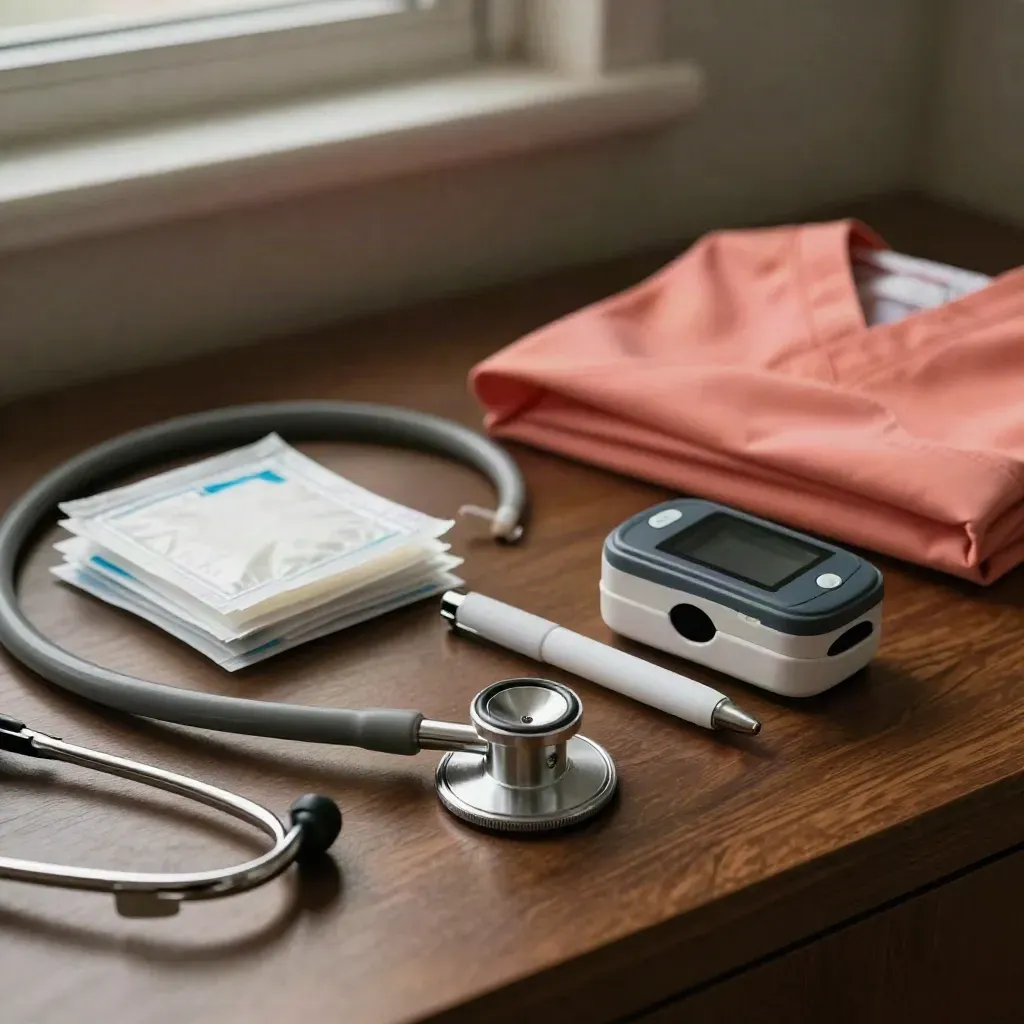 Nurse desk kit with stethoscope, penlight, prep pads, oximeter and coral scrub cap on dark wood.