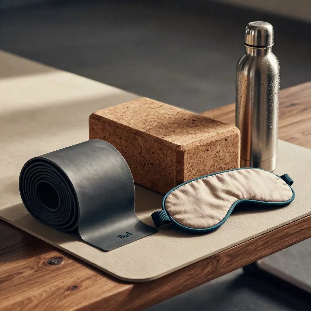 Close-up of wellness tools on woven fabric: resistance band, cork block, bottle, and sleep mask.