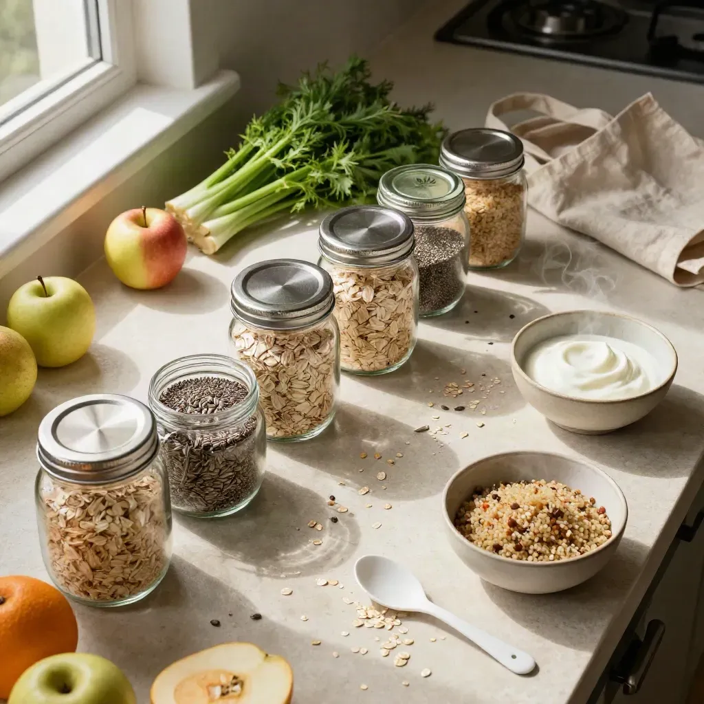 Overhead meal-prep still life with oats, seeds, produce, ceramic bowls and a linen tote.