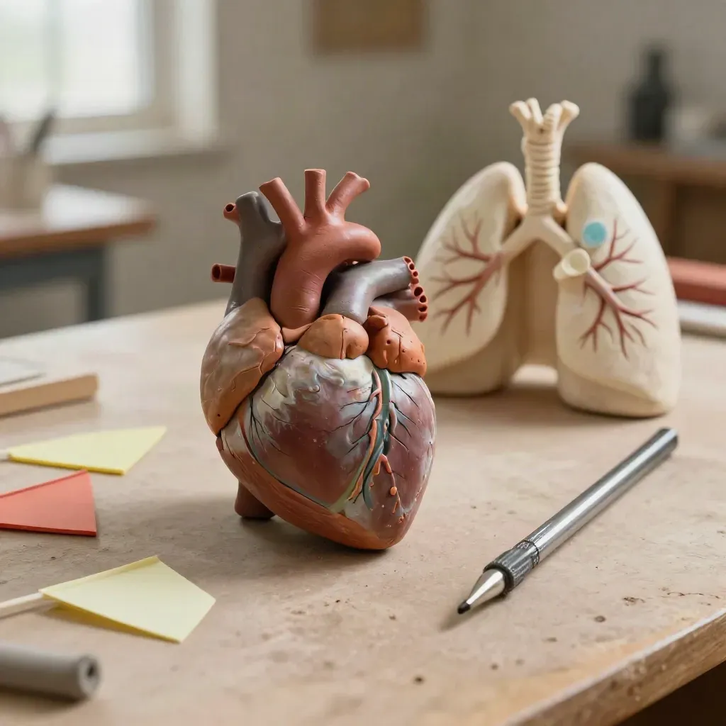 Anatomical heart and lungs models with color tabs and pointer on a terracotta educator’s surface.