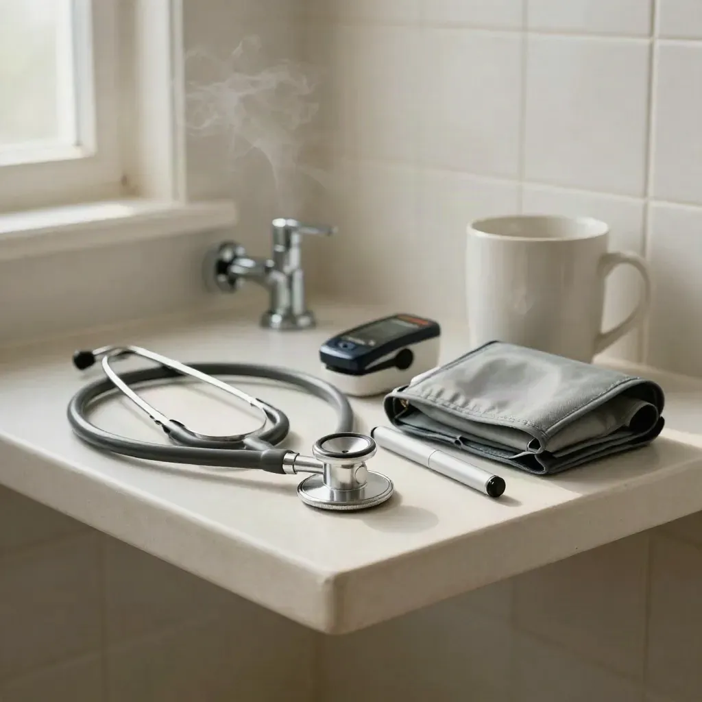 Stethoscope, oximeter, penlight, cuff and mug on a steamy bathroom shelf