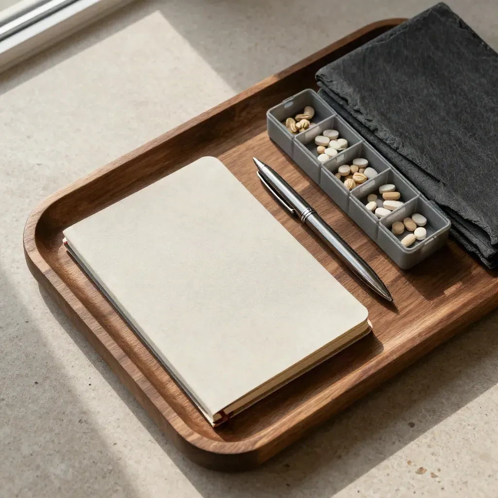 Closed notebook, pen, tab dividers and pill organizer on a walnut tray in soft daylight.
