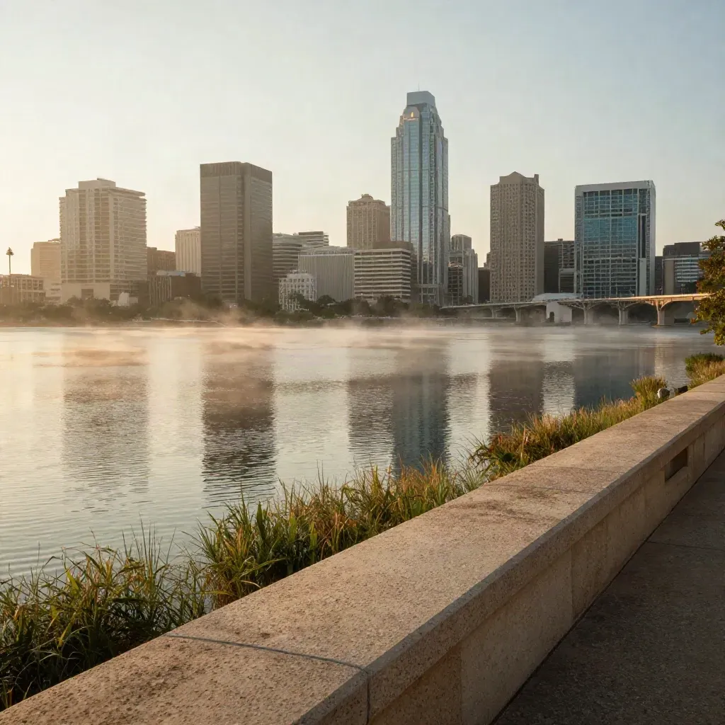 Austin skyline above Lady Bird Lake in sunrise mist from an overlook