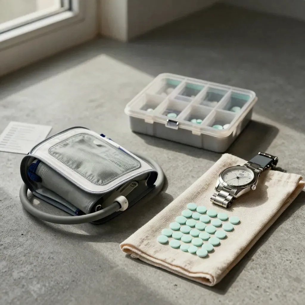 Blood-pressure cuff, pill box, watch and mint dots on linen beside a blurred tracking card.