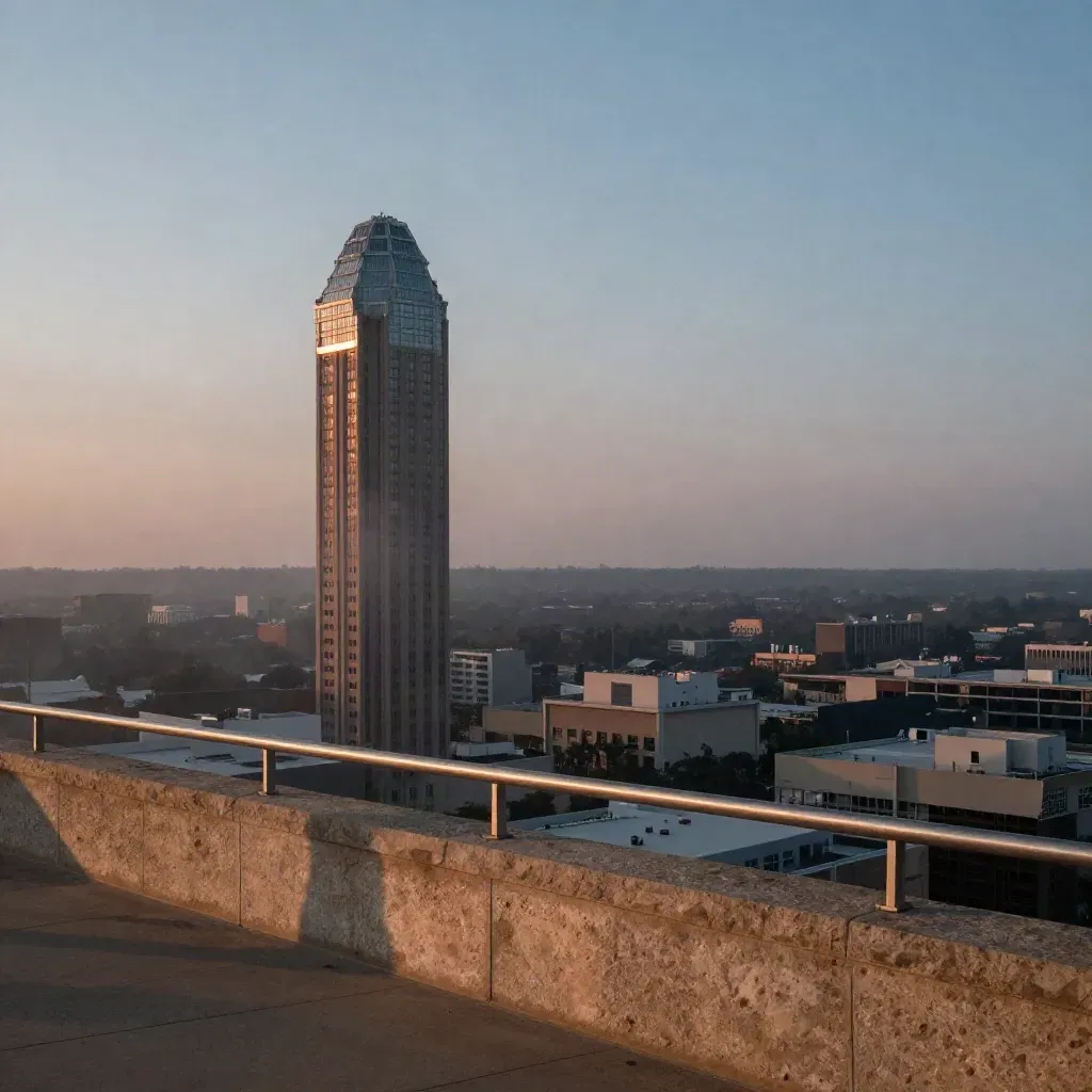 Dallas skyline with Reunion Tower and a hazy Fort Worth horizon at blue hour.